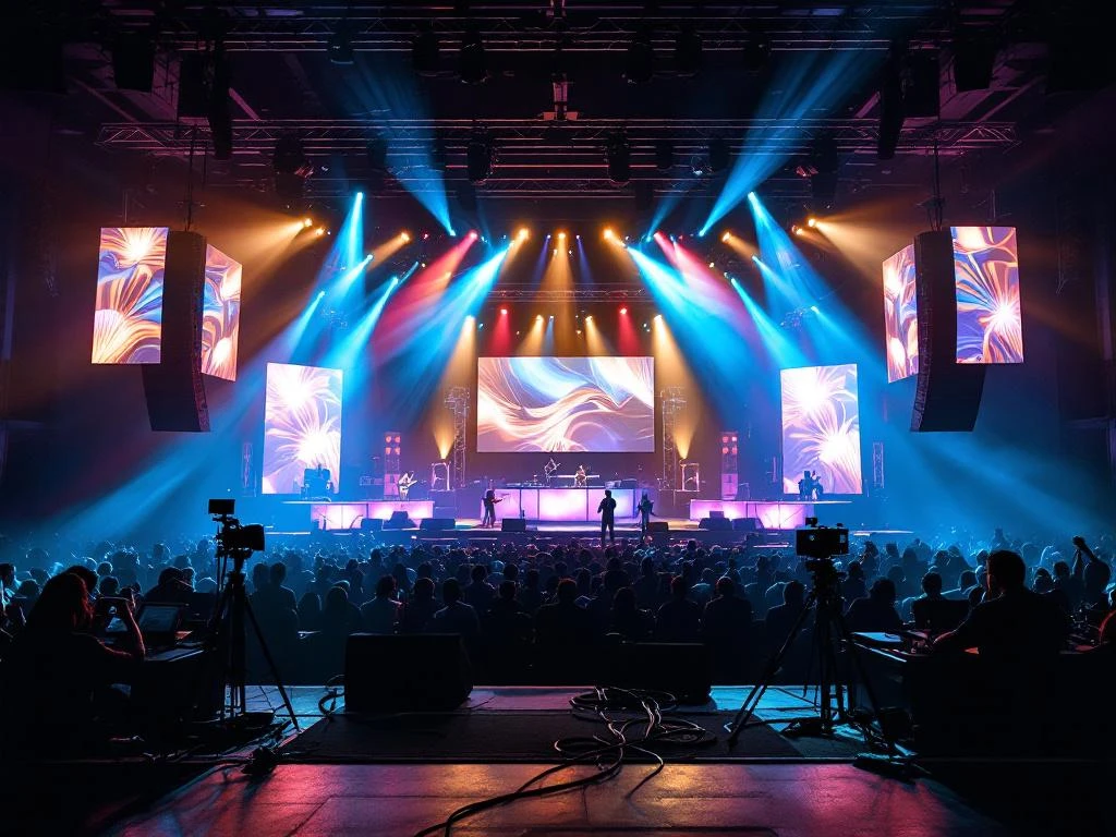 Tapahtumalavanäkymä katsomon takaa, värikkäät valot leikkaavat savua, äänitekniikkaa, yleisön silhuetteja ja teknikkoja työssään. Vaikuttava tapahtumatuotanto.