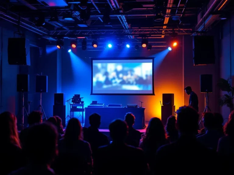 Pieni yritystapahtuma hämärässä tilassa, jossa ammattimainen tapahtumateknologia, sinisiniset ja keltaiset valot sekä HD-projektori luovat tyylikkään tunnelman.