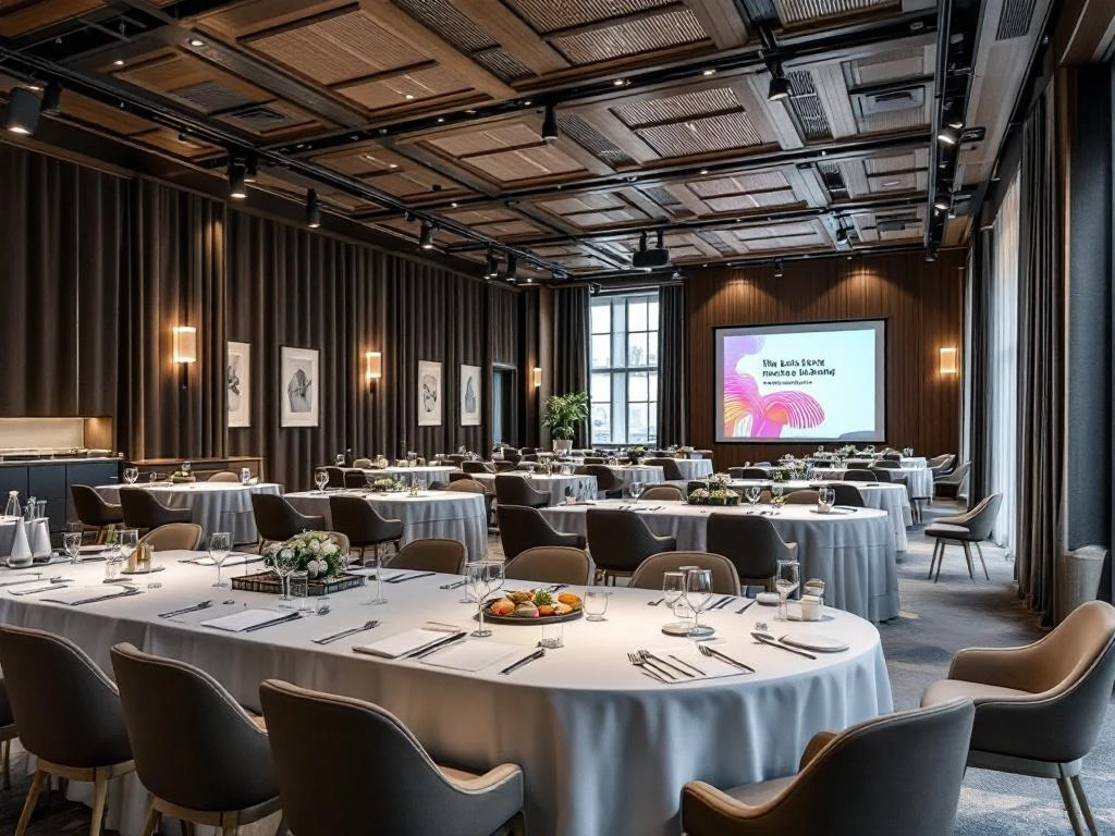 Tyylikäs yritystapahtuma ylhäältä kuvattuna: seminaaritila täynnä osallistujia, buffet-pöytä, modernit esitysscreenit ja sinivalkoinen teema lämpimässä valaistuksessa.